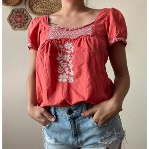 roxy smocked embroidered orange peasant top